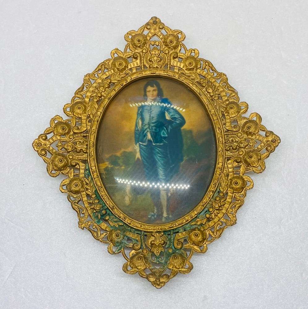 Antique Victorian Era Blue Boy Painting Brass Ornate Framed Art Decor Picture 7