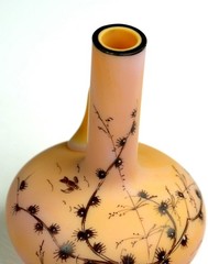 Victorian Art Nouveau Opaline Satin Glass Birds Flora 5″ Handled Bud Vase 1885-