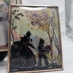 PAIR of Reverse Painted Couple Romance Silhouettes on Convex Glass 1940 VINTAGE.