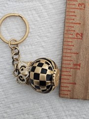 MacKenzie Childs Courtly Owl Checkered Key Chain Key Ring Black And Gold Owl