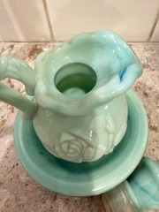 Vintage Avon Jadeite Type Green Swirl Milk Glass Rose Mini Bowl and Pitcher Set