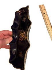 Limoges Castel France Black Porcelain Trinket Vanity Tray Gold Floral 9″ Scallop
