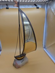 Vtg MCM Demott Brass Sailboat Artist Signed 15″ stone base