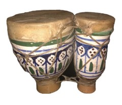Pair ❤️ Joined Vintage Hand Painted Pottery BONGO DRUMS Retro Skin Ceramic