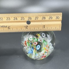 Hand Blown Art Glass Paperweight With Large Bubbles Multicolored Millefiori VTG