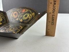 Vintage Metal Stenciled Tole Painted Bread Bowl 11″ x 11″ x 3″ High ~ Colorful