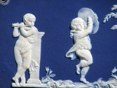 WEDGWOOD LIKE RARE DARK BLUE DIP PLAQUE OF CUPIDS & BOY TAMBORINE, GIRL TRIANGLE
