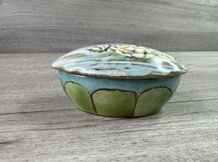 Unbranded Oval Porcelain Glass Trinket Dish Greens Blues 4″