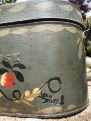 Vintage Jean Dewey Signed Primitive Painted Toleware Bail Handle Tin Lunchbox