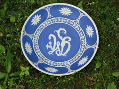 WEDGWOOD RARE 1790 DARK BLUE JASPER DISH MONOGRAM (WS) IN FLOWERS SARAH WEDGWOOD