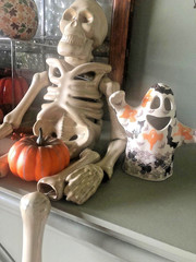 Polish Pottery Ceramic Ghost Lantern Figurine Boo Bats Spiders Webs Halloween