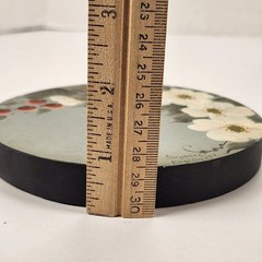 2 VTG Hand Painted Round Wood Lid Dogwood Berries Chickadee Bird Farmhouse Decor