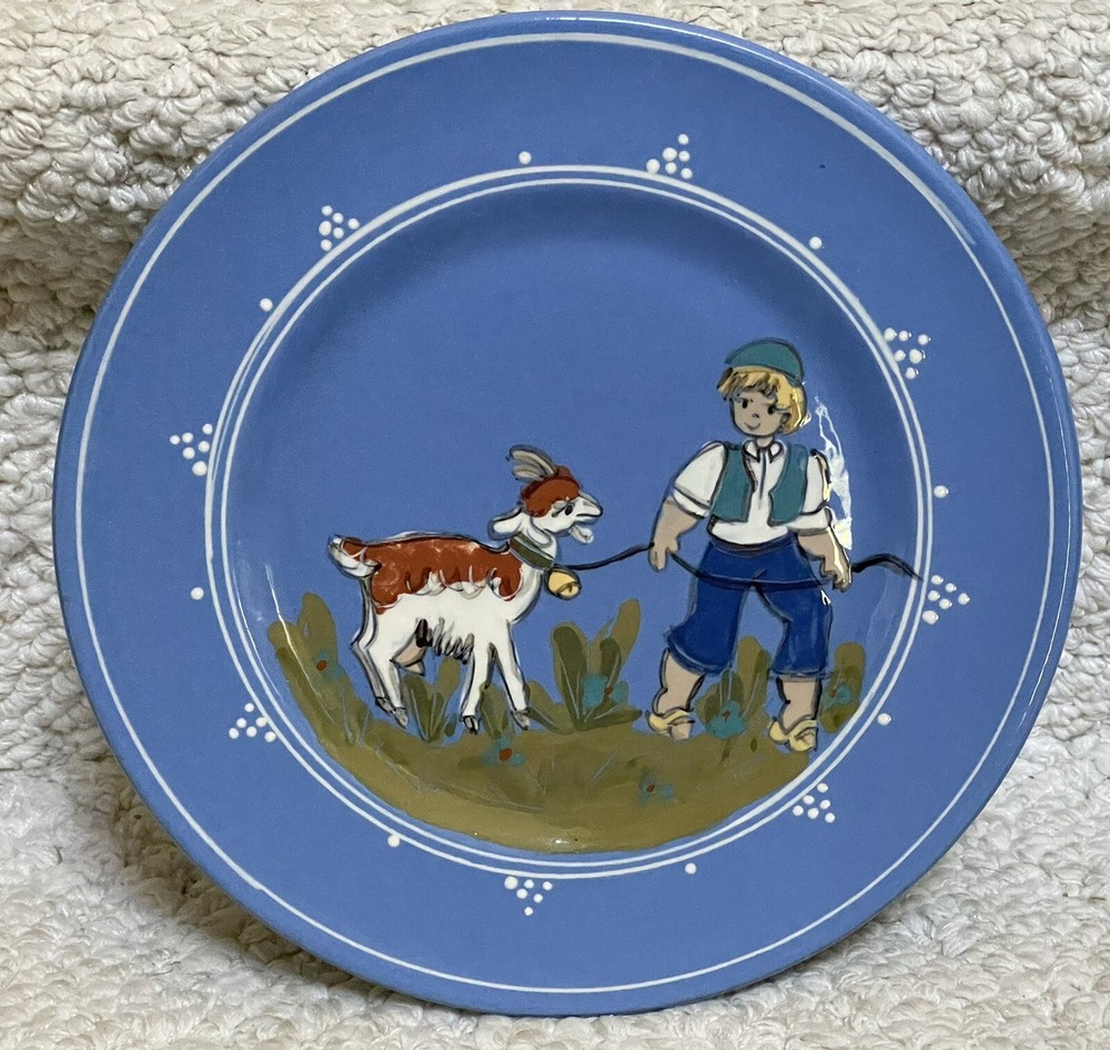 Kohler Biel Handarbeit 8 1/2″ Plate Goat With Bell & Boy Swiss Folk Art