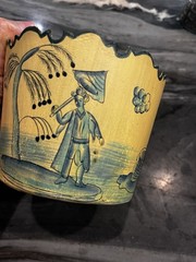 Vintage French Toile Chinoiserie Metal Tole Painted Cache Pot Scalloped Edge 4”