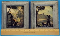 Pair Reverse Painted Silhouettes Framed Bubble Glass Small Country Boy W/Dog1930