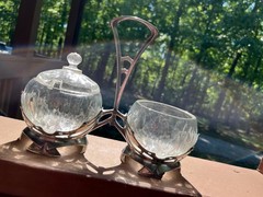 Art Nouveau Pewter Crystal Caddy, Bingit Zinn Jugendstil Condiment Server