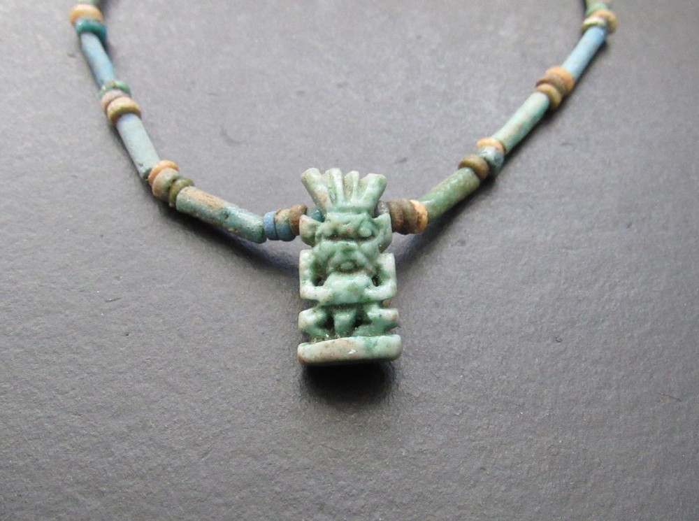 NILE Ancient Egyptian Bes Amulet Mummy Bead Necklace ca 600 BC