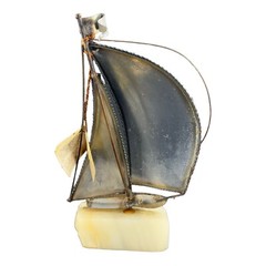 Mid Century De Mott Brass Metal Sailboat Brutalist Sculpture on Onyx Base W Tag