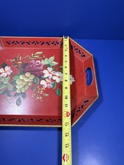 Vintage Hand‑Painted Metal Tray – Nashco Style – Red Floral & Fruit Design