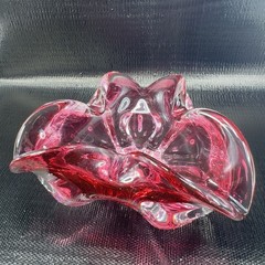 Hand Blown Bohemian Cranberry Art Glass Dish Bowl Folded Edges Original Sticker