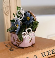 Vtg Seed Bead Pink & Blue Floral Spring Limoges France Trinket Box Planter/Vase