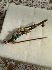 British 10k Antique Brooch Shamrock & Turquoise Moon Edwardian Style