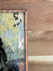 Vintage Reverse Painted Glass Silhouette Art 5.75” Copper Frame Colonial Scene