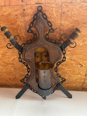 Vintage Medieval Gothic Metal Scroll with Swords, Chains, Candle Wall Hanging