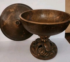 Vintage Footed Wood / Resin ? Candy Trinket Dish Etched Carved Floral w/ Lid