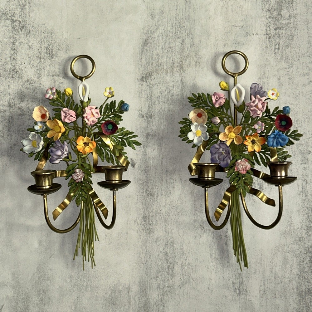 Vintage Italian Tole 13” Flower Wall Sconce (Set Of 2)