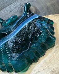 Vtg Imperial Glass GREEN SWIRL ROSE FLORAL Footed Bowl Compote Ruffled Rim