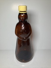 MRS BUTTERWORTH’S Amber 24 oz GLASS SYRUP BOTTLE Plastic LID VINTAGE 10”