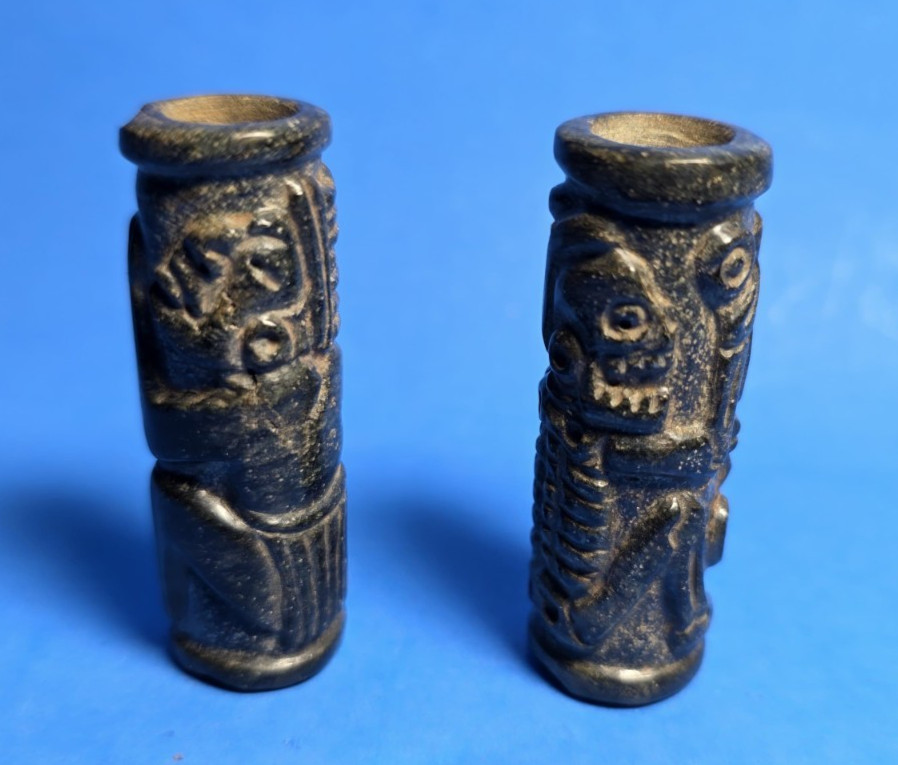 PAIR OF PRE-COLUMBIAN MAYAN SERPENTINE TUBULAR NECKLACE BEADS WITH GLYPHS