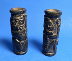PAIR OF PRE-COLUMBIAN MAYAN SERPENTINE TUBULAR NECKLACE BEADS WITH GLYPHS