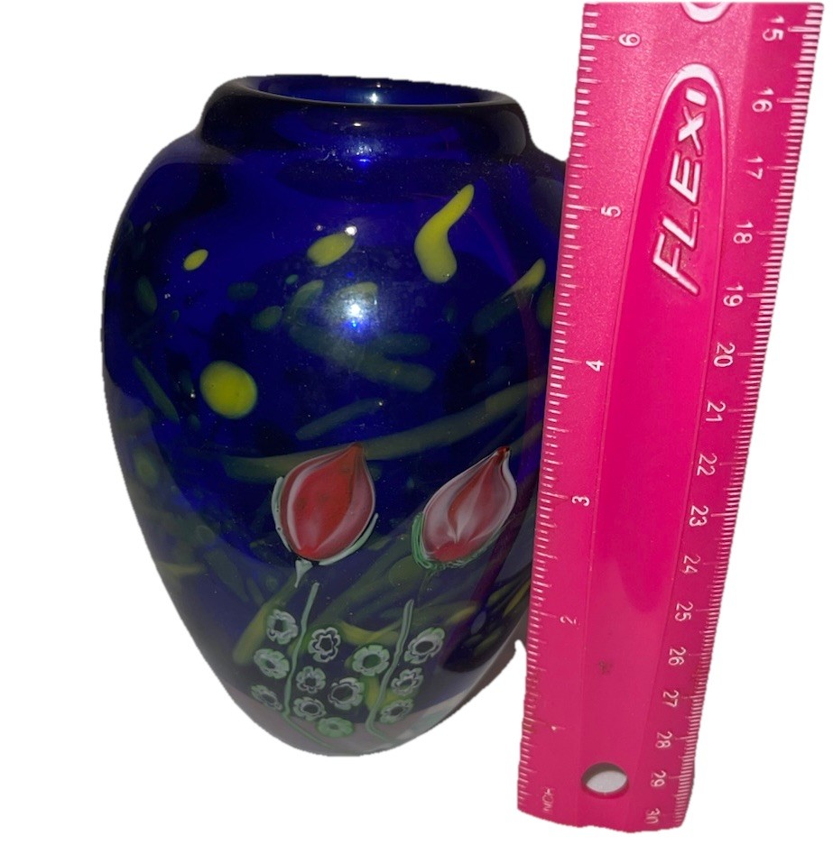 Cobalt Blue Art Glass Vase Flowers Heavy Arthur Kusak Millefiori Nice