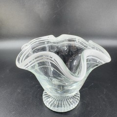 Vintage Glass Dish Bowl Clear White Ruffles Scroll Footed Base Candy Dish VTG