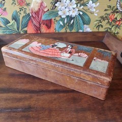 Antique early 20th century Edwardian leather bound silk lined hand painted box