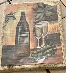 Rustic Wine Grapes Glasses Bottle Picture 5 x 7 on Burlap Neutral Colors Class
