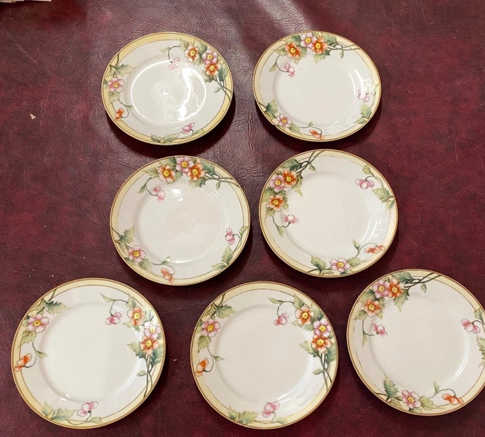 Set 7 Nippon Hand Painted 7.5” Dessert/Salad Plates Flowers Gold Detail 1900’s