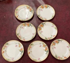 Set 7 Nippon Hand Painted 7.5” Dessert/Salad Plates Flowers Gold Detail 1900’s