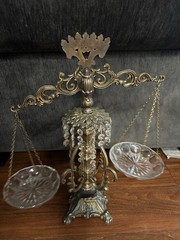 Vintage Ornate Brass-Tone Balance Scales Of Justice Faux Crystal Prisms, 18”