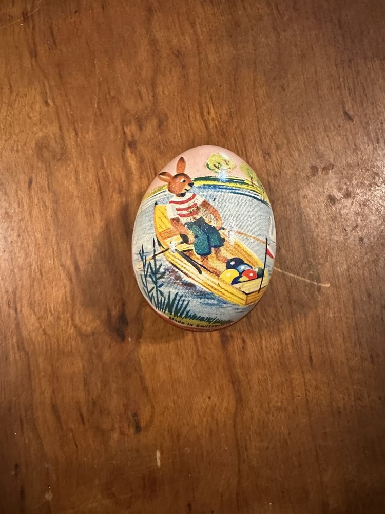 Rare find VINTAGE Egg Rabbit Metal Tin Gift Box Made in Switzerland