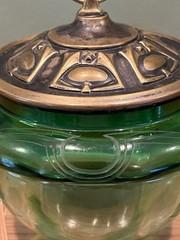 Antique Art Nouveau Austrian Jugendstil Green Glass Vessel w/ Metal Lid