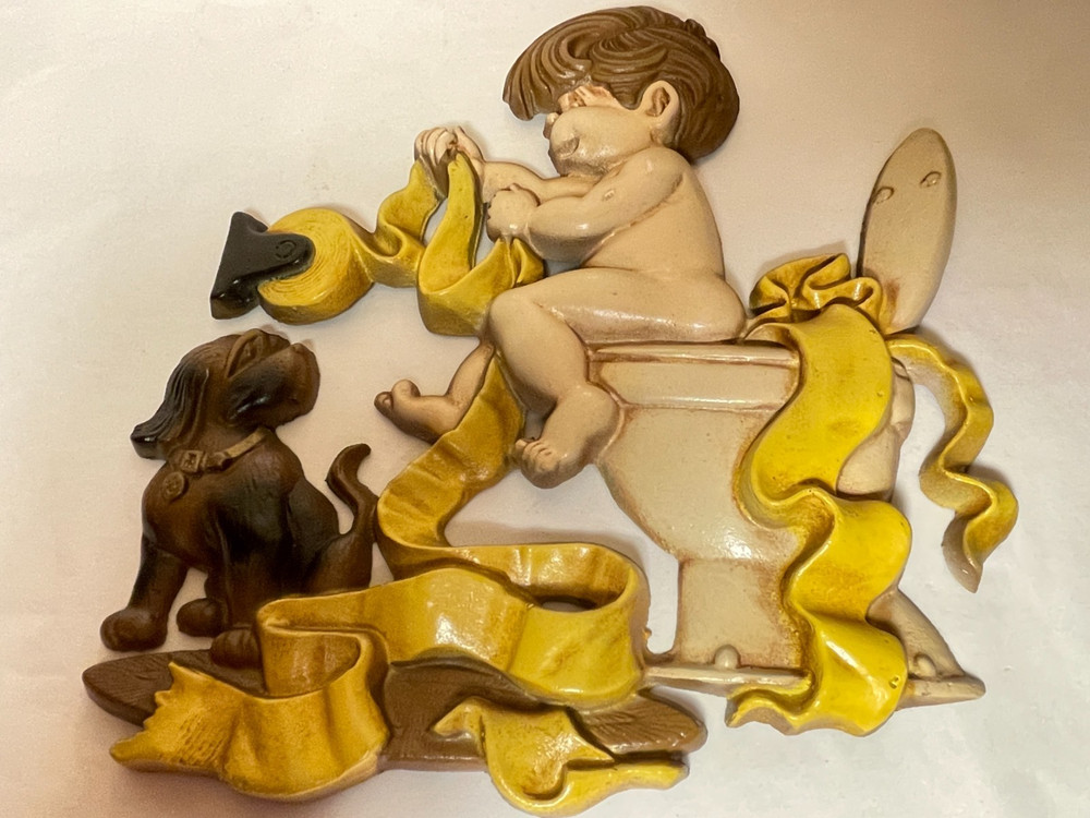 Vintage Sexton Cast Metal Boy on Toilet w/ Dog Bathroom Wall Plaque – Exc Cond