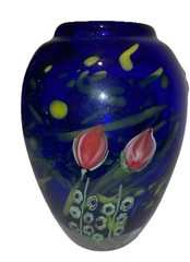 Cobalt Blue Art Glass Vase Flowers Heavy Arthur Kusak Millefiori Nice