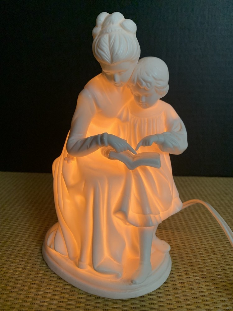Porcelain Parian Ware Mother & Child Figure Reading Night Light White Works