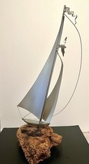 DEMOTT signed Tall Silver Metal Sail Boat Sculpture on Driftwood Base Vintage