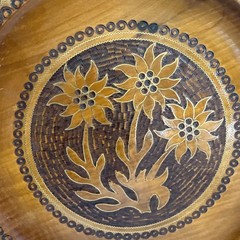 Vintage Carved Wood Plate with Metal Inlay Floral Design Dahlias 11” Wall Decor
