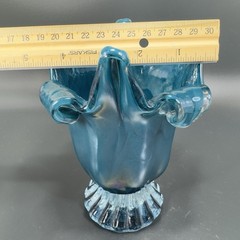 1980s Art Glass Abstract Vase Bowl Centerpiece Teal Blue Iridescent Finish Glass