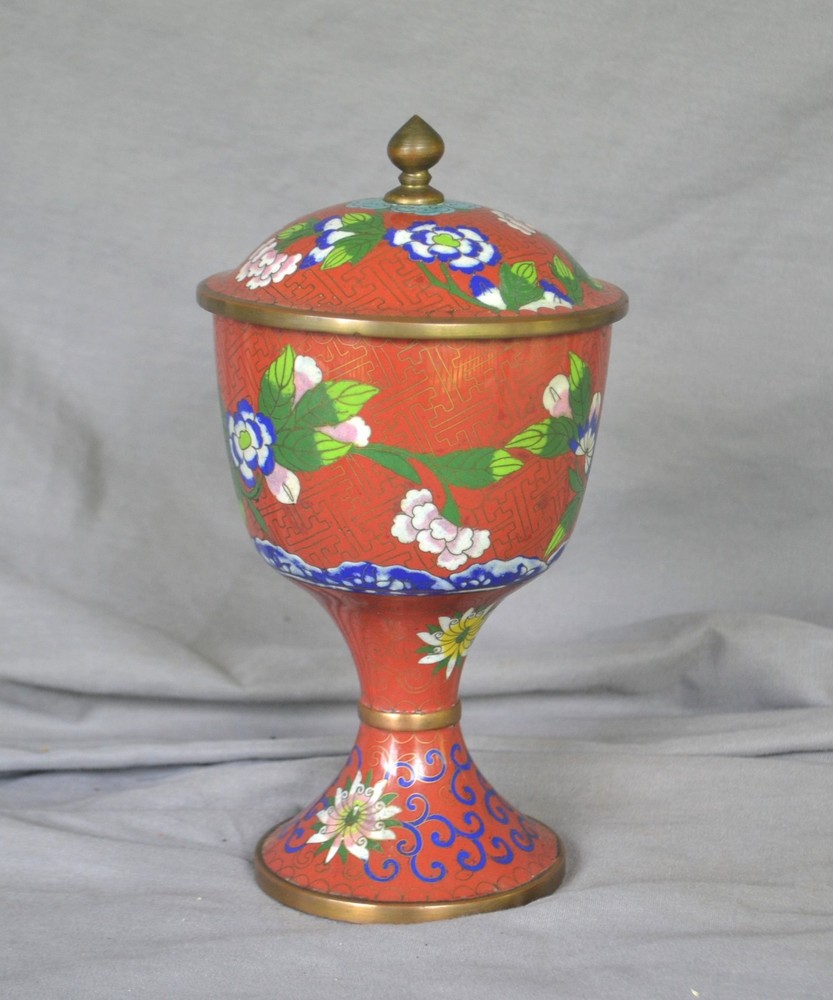 Vintage Chinese Cloisonné Covered Urn Cup Chalice Red Floral Enamel Brass